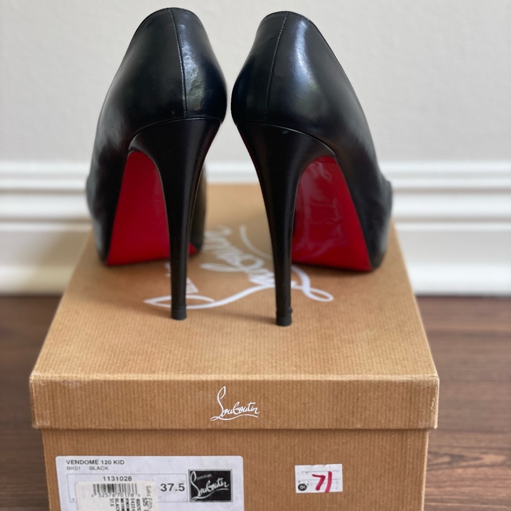 Christian Louboutin Vendome 120 Kid Black Leather Peep Toe Heels Size 37.5